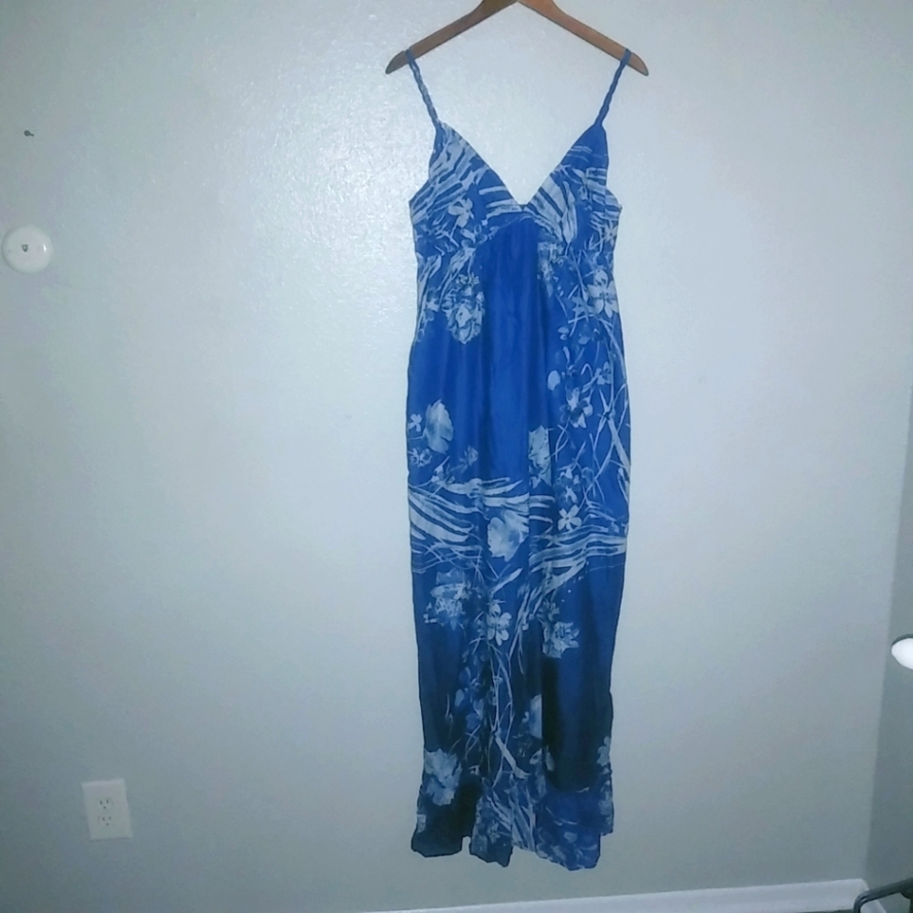 Old Navy L Sleeveless Rope Straps Pocketed Aloha Maxi Dress in Blue White